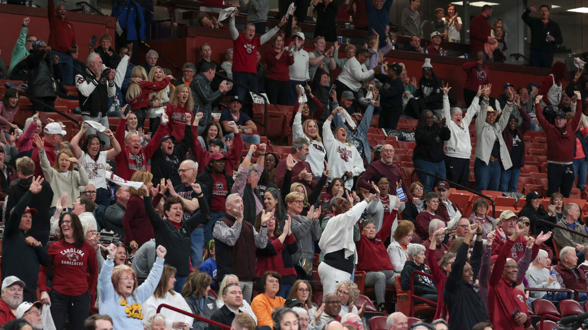 Gamecocks fans celebrate during the second half of action against Vanderbilt in the SEC Tournament at the Bon Secours Wellness Arena in Greenville on Friday, March 7, 2025.