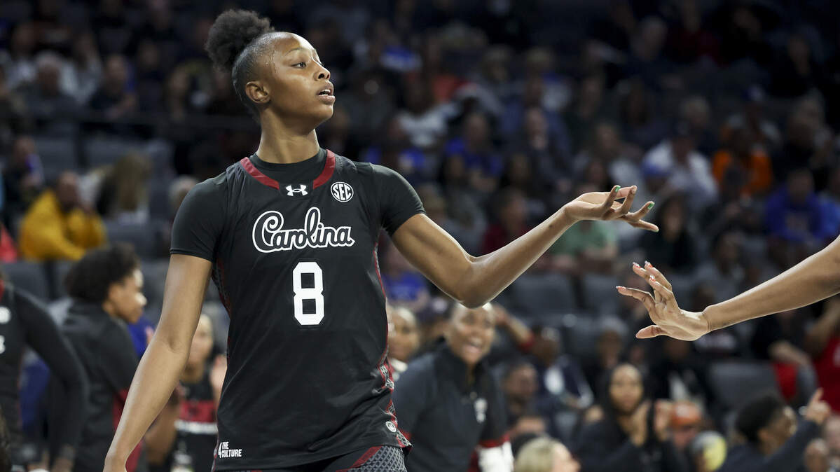 Joyce Edwards of the South Carolina Gamecocks high-fives a teammate after a turnover by the Duke Blue Devils during the second quarter of a Players Era Championship basketball tournament game at Michelob ULTRA Arena on Nov. 26, 2025 in Las Vegas, Nevada. 