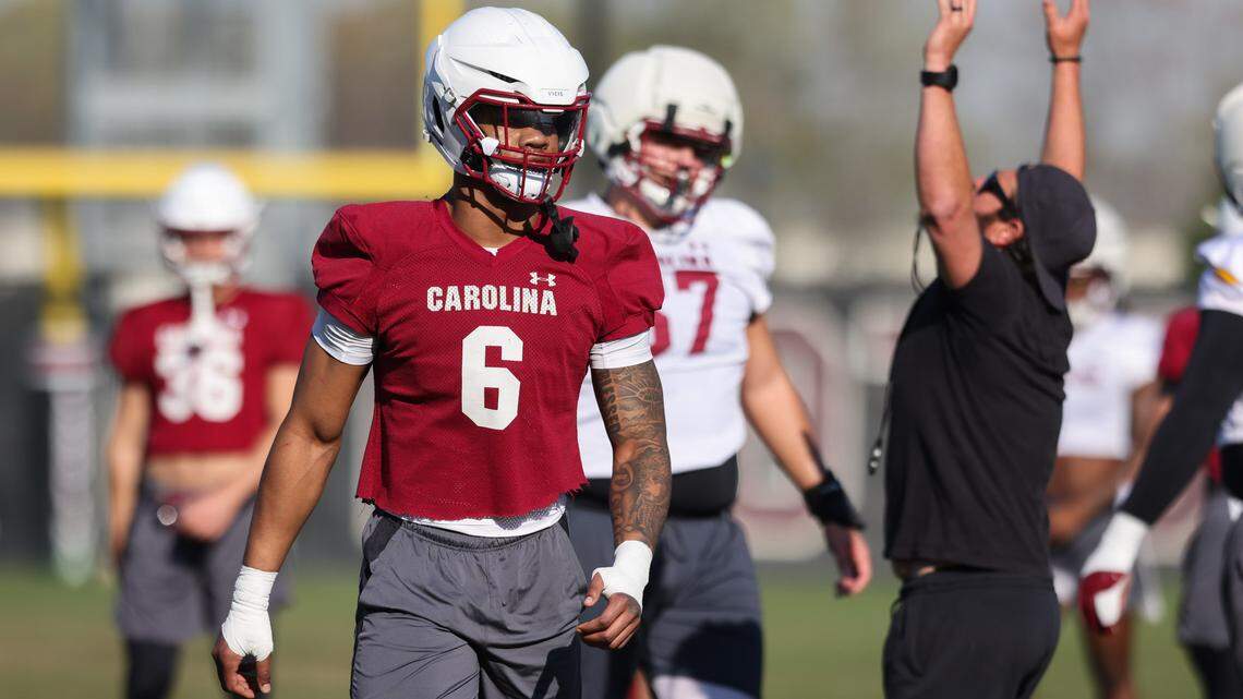 South Carolina edge Dylan Stewart (6) warms up during the Gamecocks’ first day of spring practice in Columbia on Wednesday, March 19, 2025.