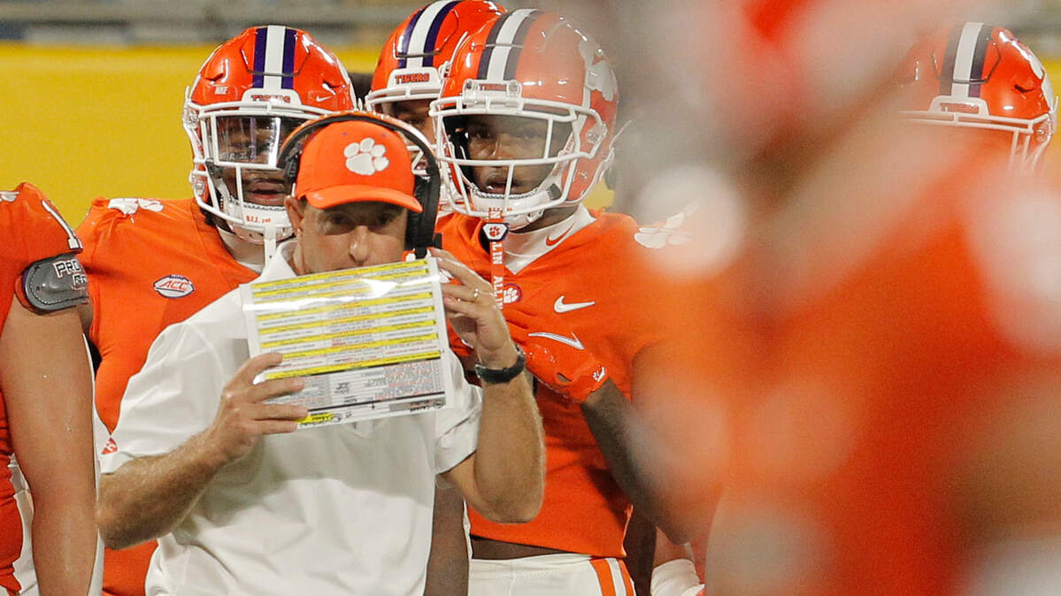Clemson head coach Dabo Swinney keeps an eye on his offense against Georgia during fourth-quarter action of the Duke’s Mayo Classic in Charlotte, N.C. on Saturday, Sept. 4, 2021. (Travis Bell/SIDELINE CAROLINA)
