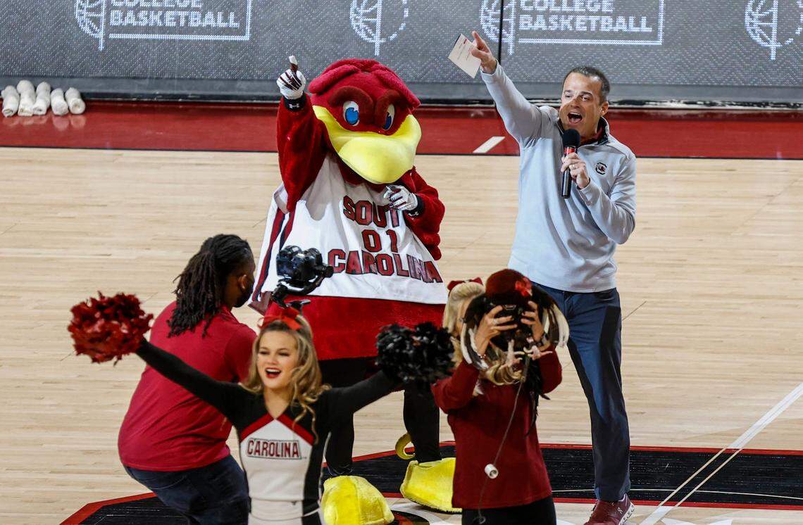 University of South Carolina head football coach Shane Beamer leads the crowd in the Game Cocks cant before the womens basketball team plays Tennessee on Sunday Feb, 20, 2022 in the Colonial Life Arena.