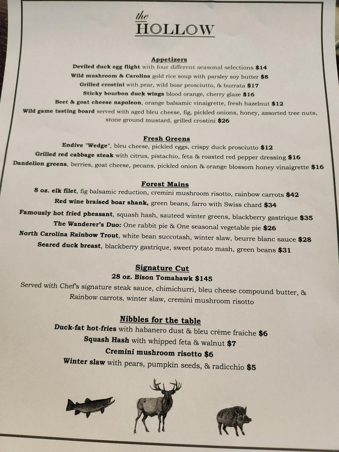 The menu at The Hollow, a “forest-to-table” concept restaurant serving wild game, that has opened at 823 Gervais St. in The Vista.