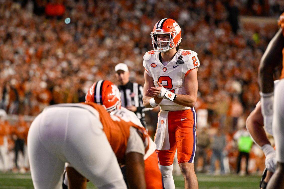 Dec 21, 2024; Austin, Texas, USA; Clemson Tigers quarterback Cade Klubnik (2) in action during the game between the Texas Longhorns and the Clemson Tigers in the CFP National Playoff First Round at Darrell K Royal-Texas Memorial Stadium.