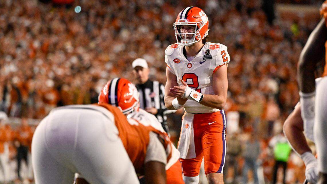 Dec 21, 2024; Austin, Texas, USA; Clemson Tigers quarterback Cade Klubnik (2) in action during the game between the Texas Longhorns and the Clemson Tigers in the CFP National Playoff First Round at Darrell K Royal-Texas Memorial Stadium.