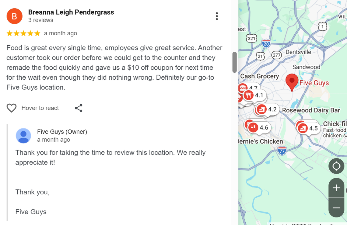 Google Maps review for Five Guys on 4751 Forest Dr