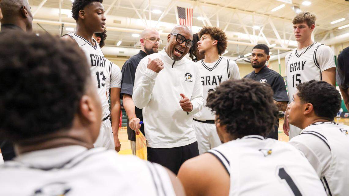 Gray Collegiate head coach Dion Bethea speaks to his players during the MLK Bash at C.A. Johnson High School in Columbia on Saturday, January 17, 2026.