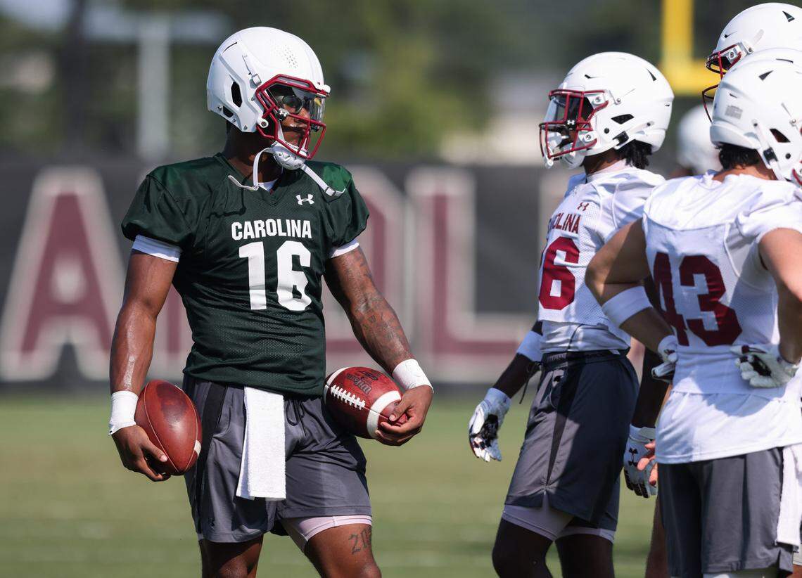 South Carolina quarterback LaNorris Sellers (16) runs drills during practice in Columbia on Friday, August 2, 2024.