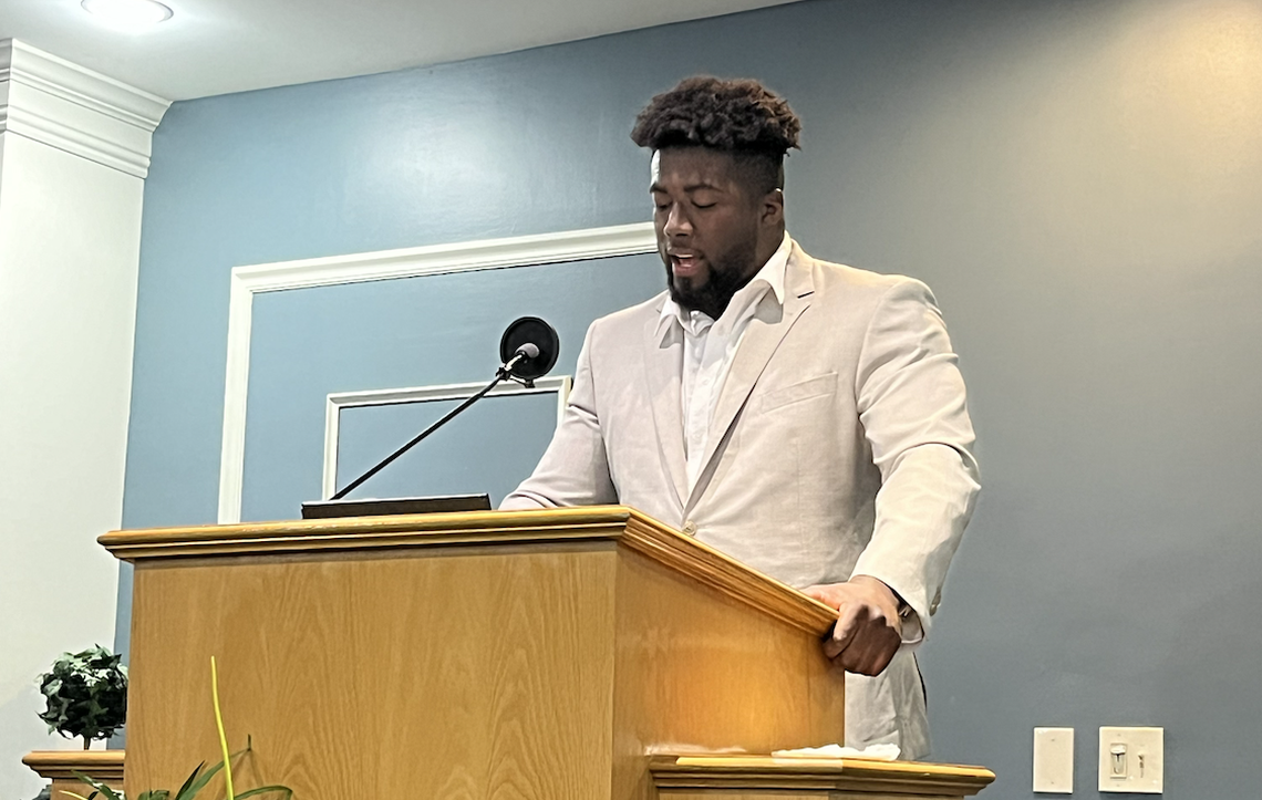 Gabriel Brownlow-Dindy gives a sermon at Stuart Church of Christ in Florida in 2024. He returned to preach there again in 2025.