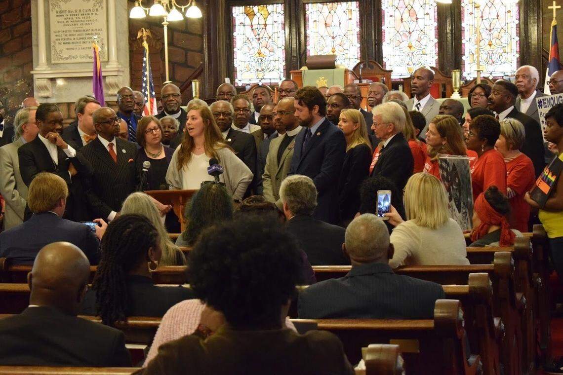 Sydney Clinton, center, joins Majority Whip U.S. Rep. Jim Clyburn, D-Columbia, and then-U.S. Rep. Joe Cunningham, D-Charleston, at Charleston’s Emanuel AME Church in 2019 to support a legislative effort to close the so-called “Charleston loophole.”