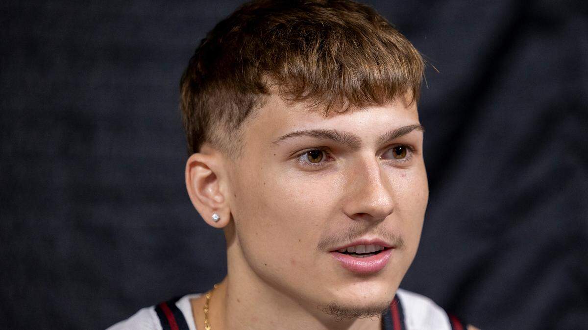 South Carolina’s Austin Herro (13) talks with the media in the Colonial Life Arena on Monday, Oct. 21, 2024.