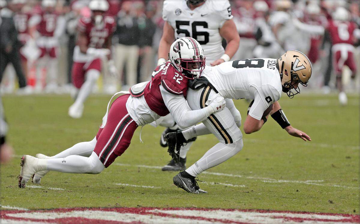 South Carolina’s Bam Martin-Scott sacks Vanderbilt QB Ken Seals in their game Saturday, Nov. 11, 2023 at Williams-Brice Stadium.