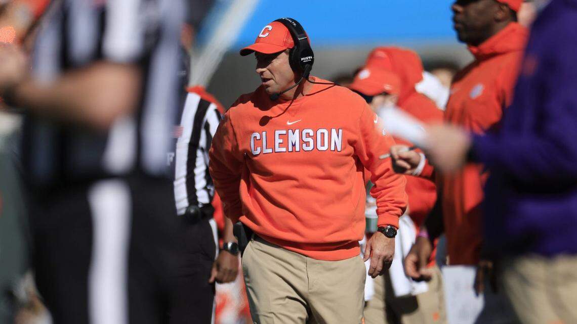 Clemson Tigers head coach Dabo Swinney coaches during the first quarter of an NCAA football matchup in the TaxSlayer Gator Bowl Friday, Dec. 29, 2023 at EverBank Stadium in Jacksonville, Fla. The Clemson Tigers edged the Kentucky Wildcats 38-35.