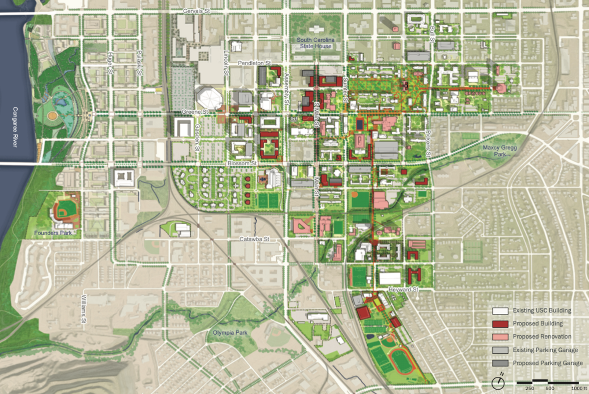 A map in the University of South Carolina Master Plan shows existing and proposed structures.