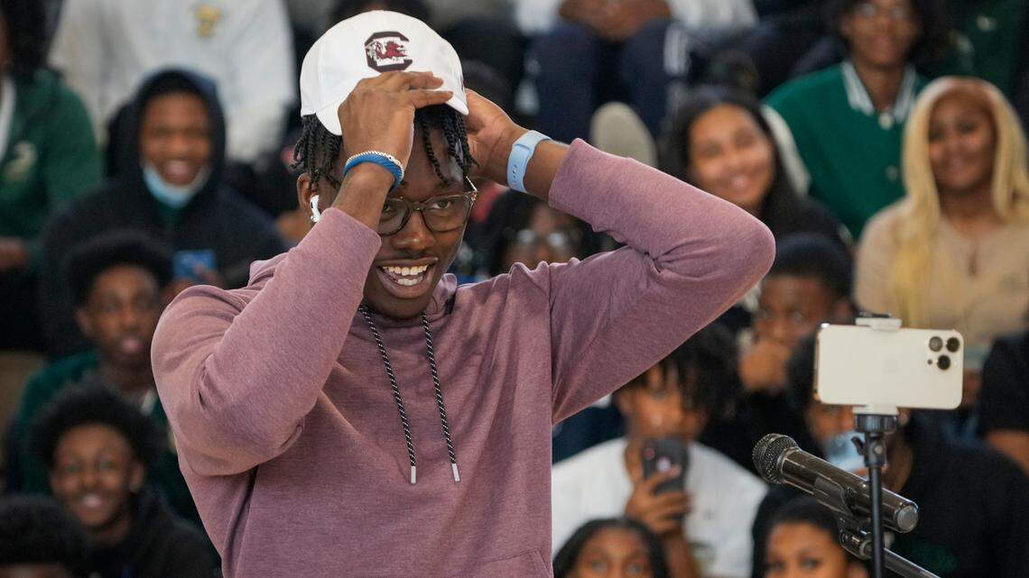 From Feb 1, 2023: Nyckoles Harbor of Archbishop Carroll High School in Washington, D.C., commits to South Carolina live on ESPN and signs his Letter of Intent on National Signing Day in the school’s gym at Archbishop Carroll High School.