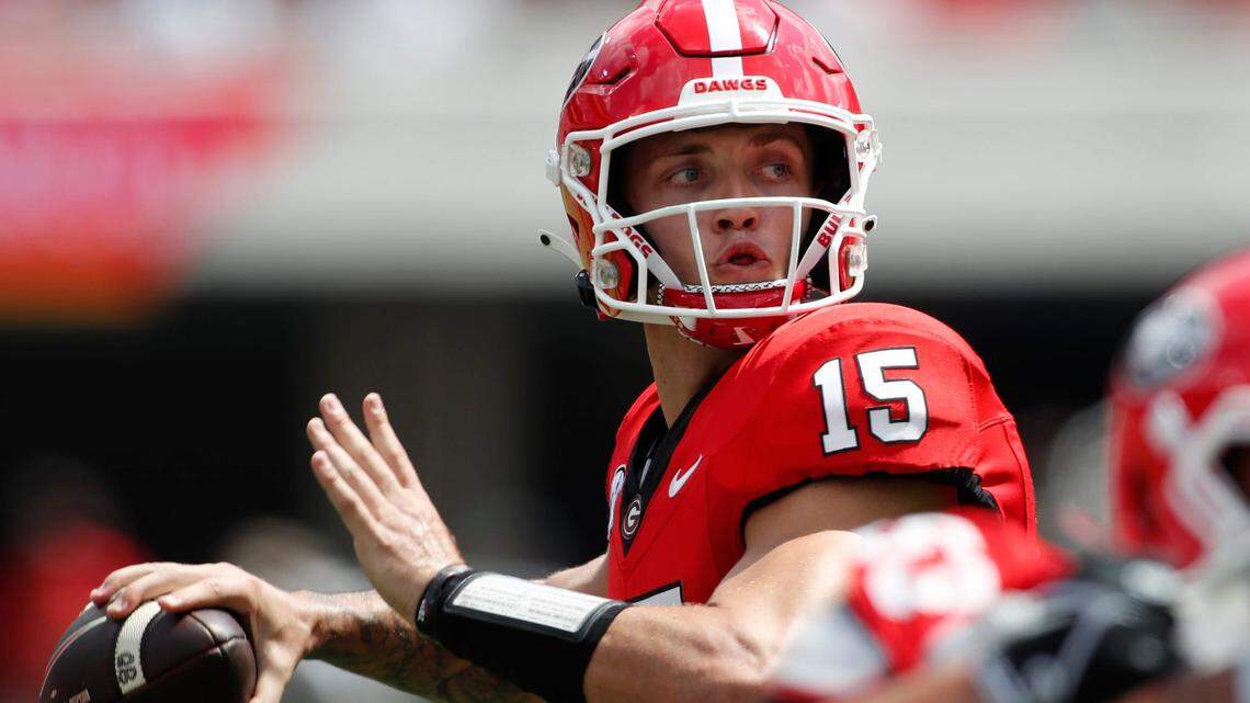 Georgia quarterback Carson Beck (15) looks to throw a pass during the first half of a NCAA college football game against Ball State in Athens, Ga., on Saturday, Sept. 9, 2023.