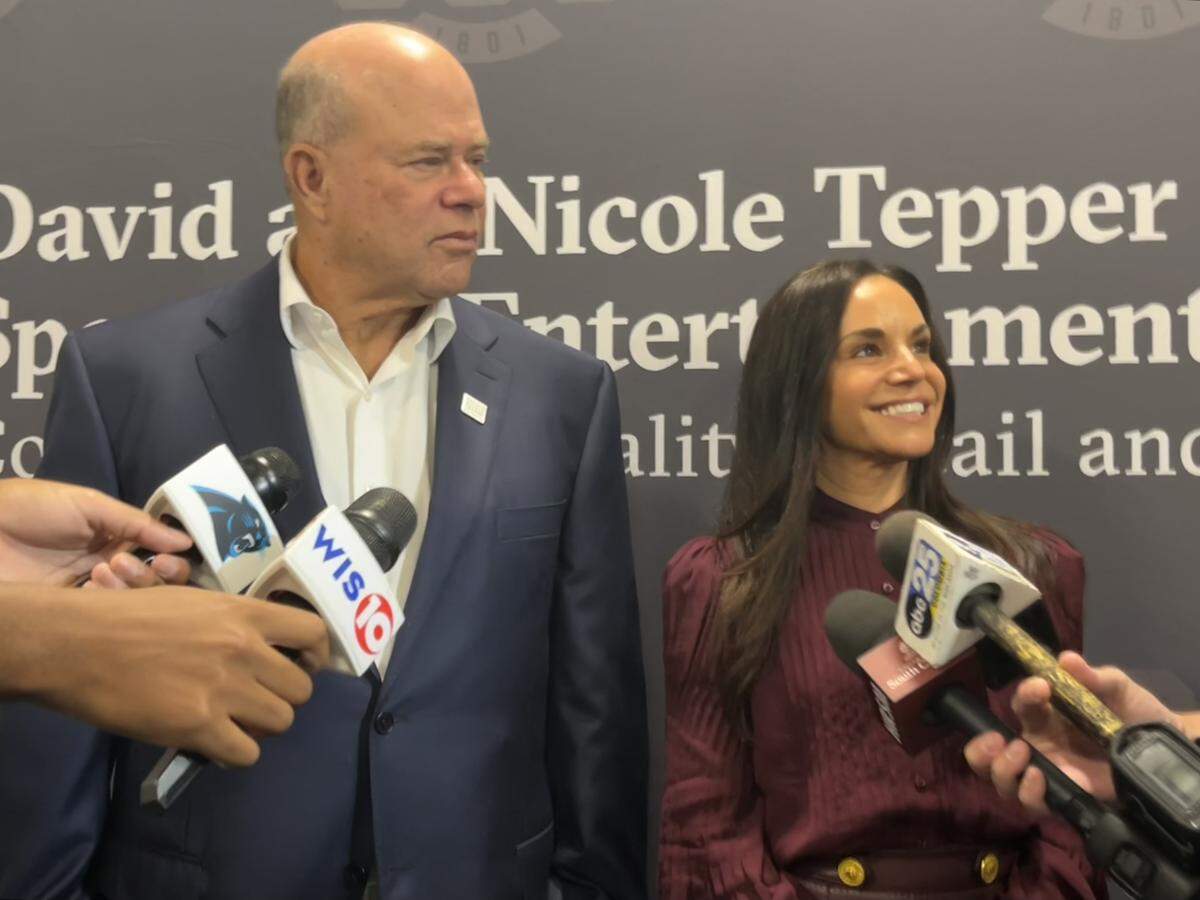 David and Nicole Tepper speak with press at the naming of the University of South Carolina’s Department of Sport and Entertainment Management.