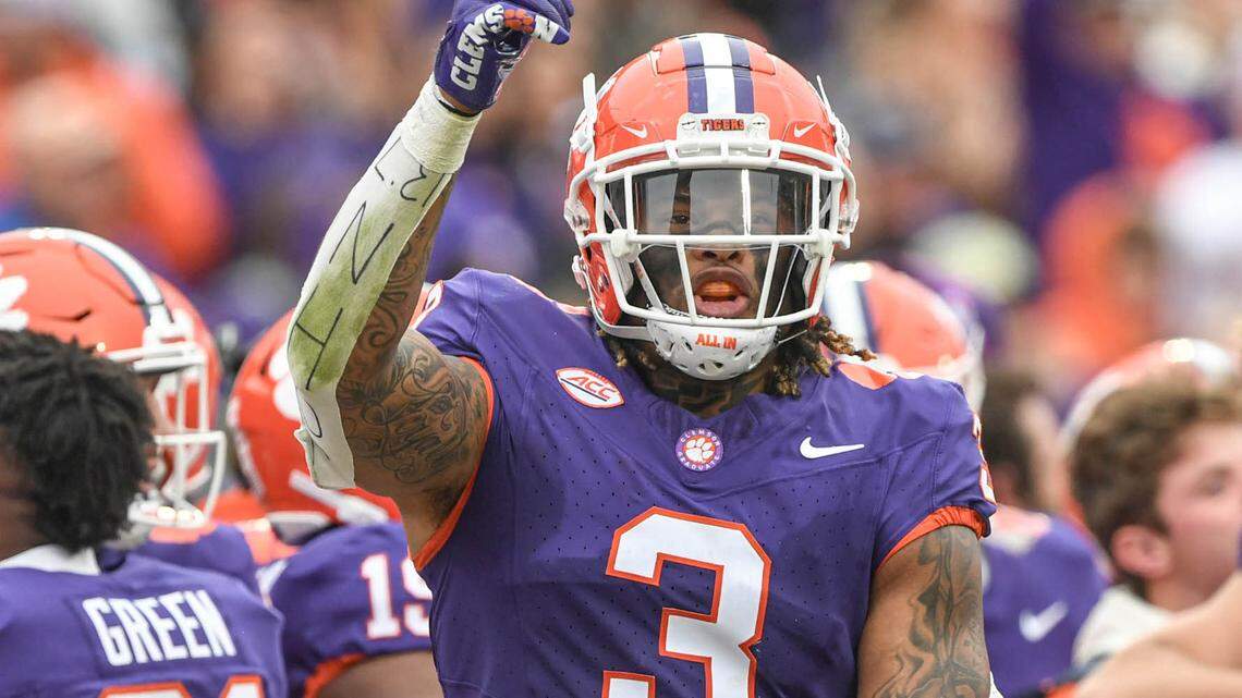 Nov 11, 2023; Clemson, South Carolina, USA; Clemson Tigers defensive end Xavier Thomas (3) gestures at the start of the fourth quarter against the Georgia Tech Yellow Jackets at Memorial Stadium. Mandatory Credit: Ken Ruinard-USA TODAY Sports