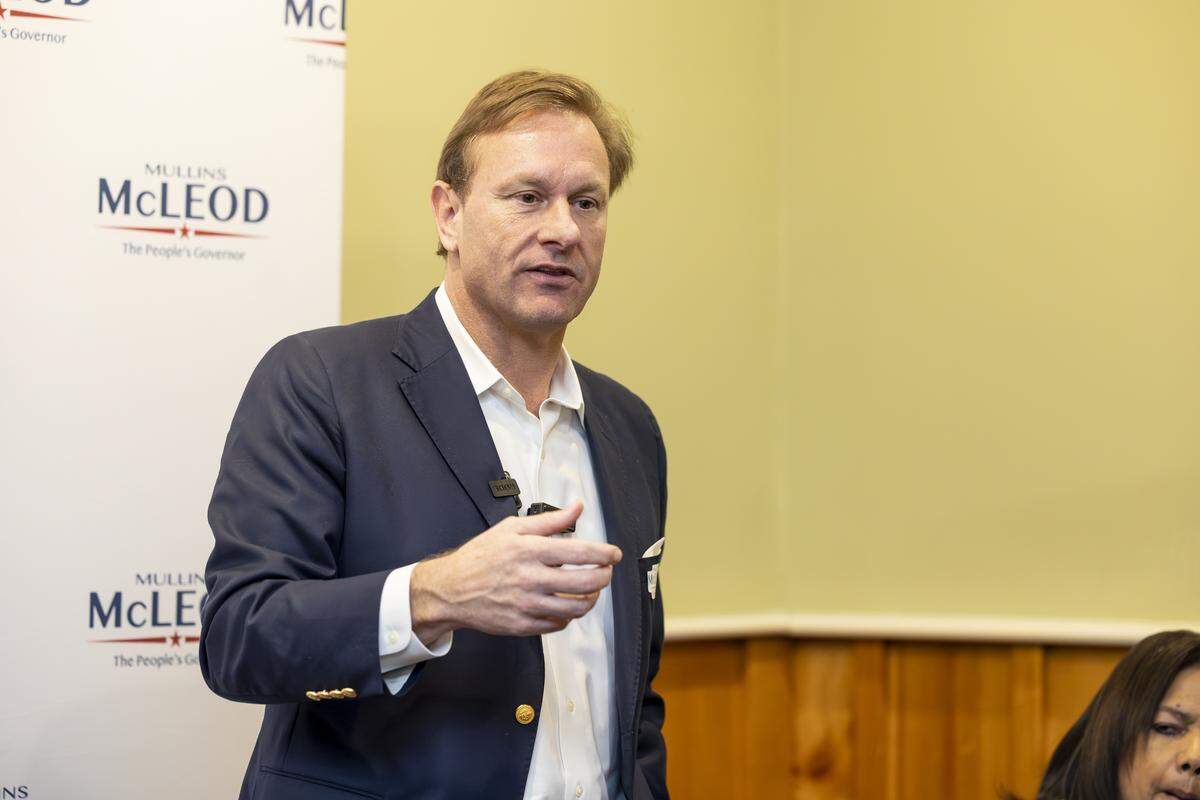 Democratic candidate for South Carolina governor Mullins McLeod speaks to a small crowd gathered at the Lizard’s Thicket in Blythewood on Wednesday, Feb. 25, 2026.