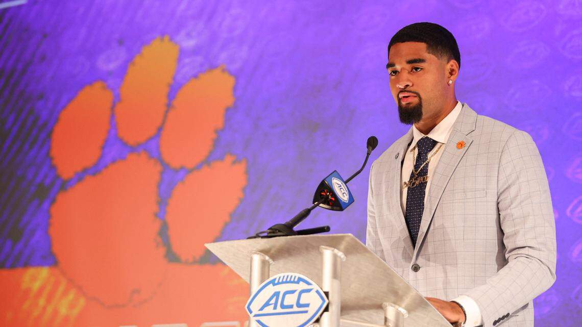 Clemson quarterback D.J. Uiagalelei answers a question during an NCAA college football news conference at the Atlantic Coast Conference media days in Charlotte, N.C., Thursday, July 22, 2021. (AP Photo/Nell Redmond)