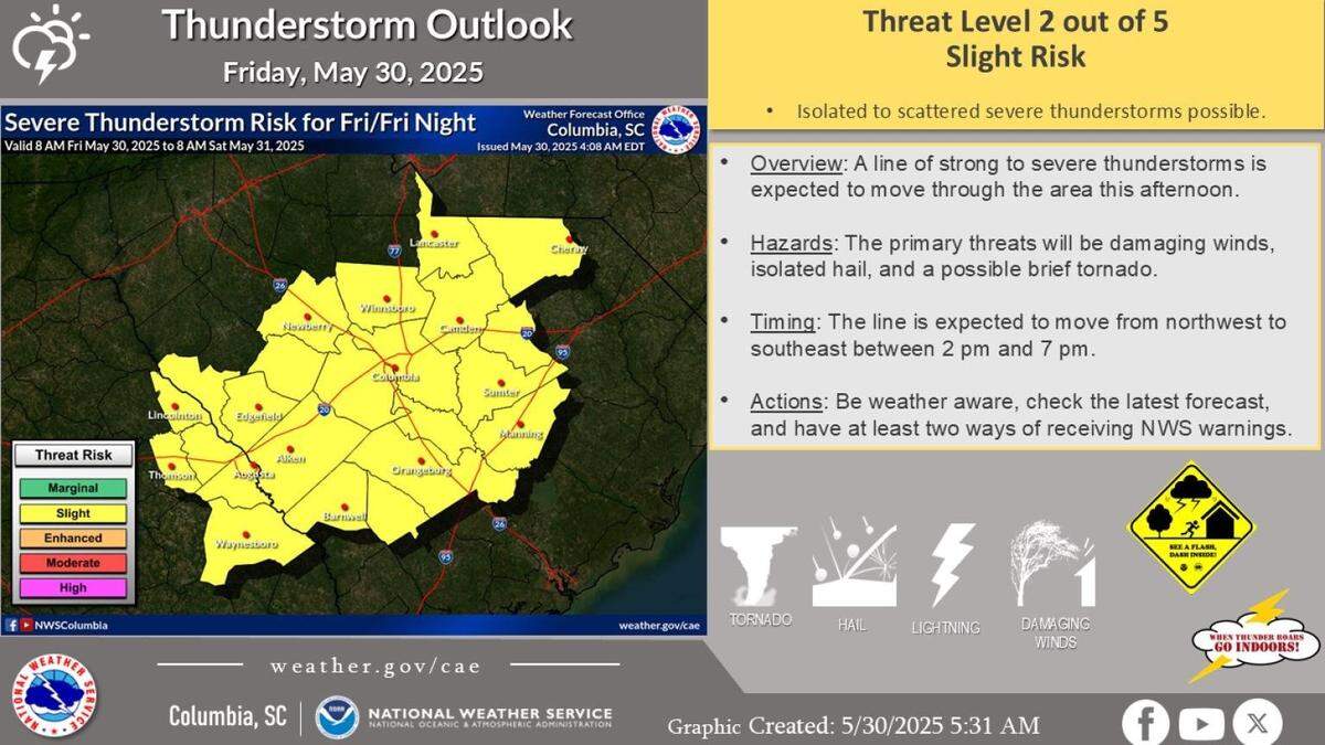 An image showing areas of central South Carolina under threat from severe thunderstorms Friday afternoon.
