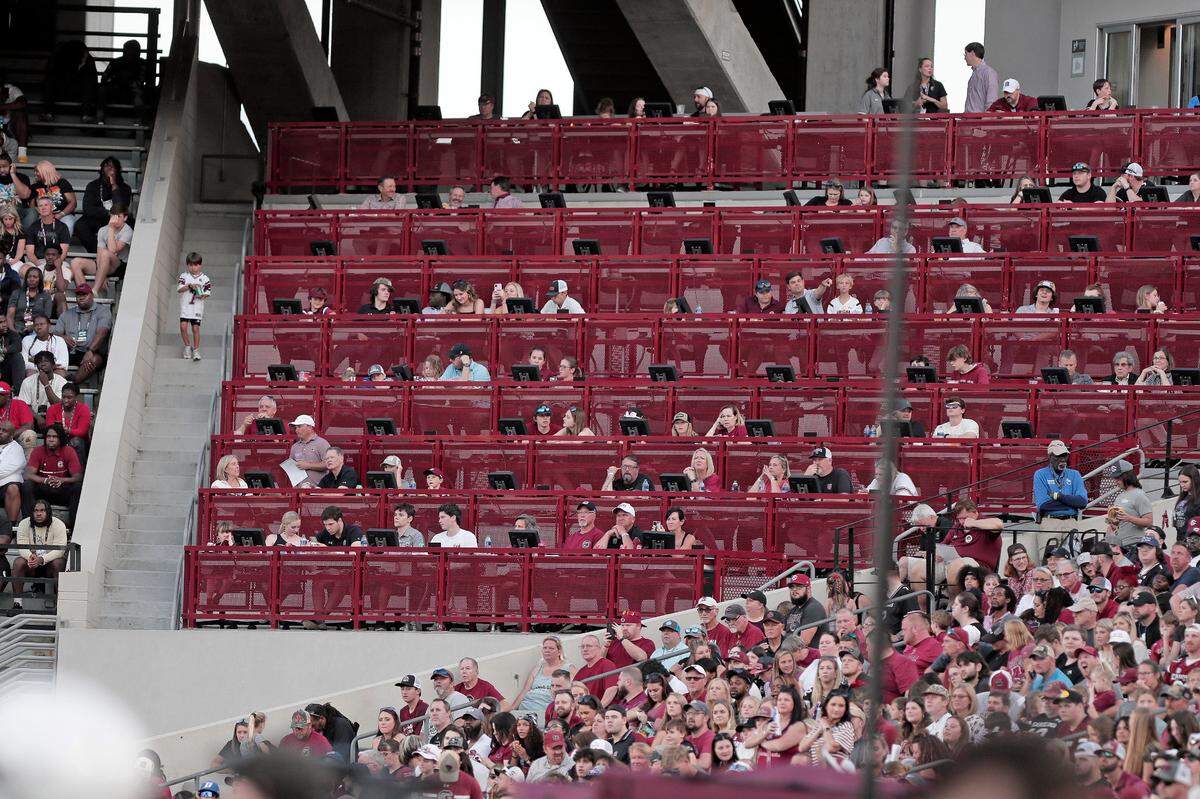 South Carolina’s loge-style seating area is seen at the 2023 spring football game. The new premium seating area was added ahead of the 2020 season.