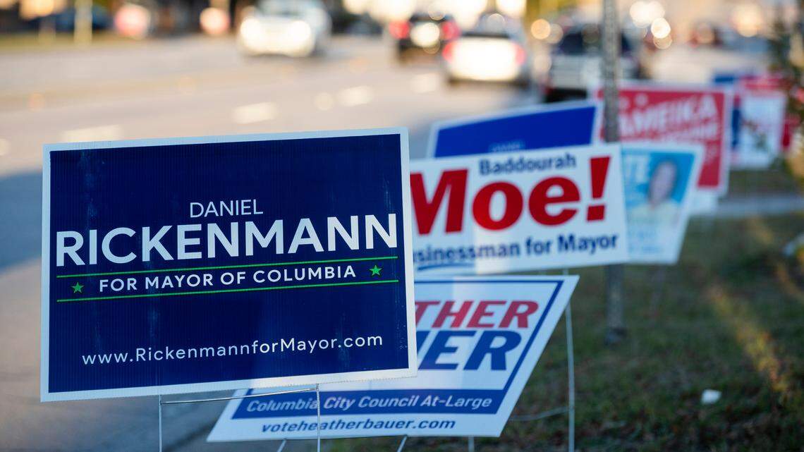 Signs outside the Prince Hall Masonic Temple in Columbia, South Carolina on Election Day, Tuesday, November 2, 2021.