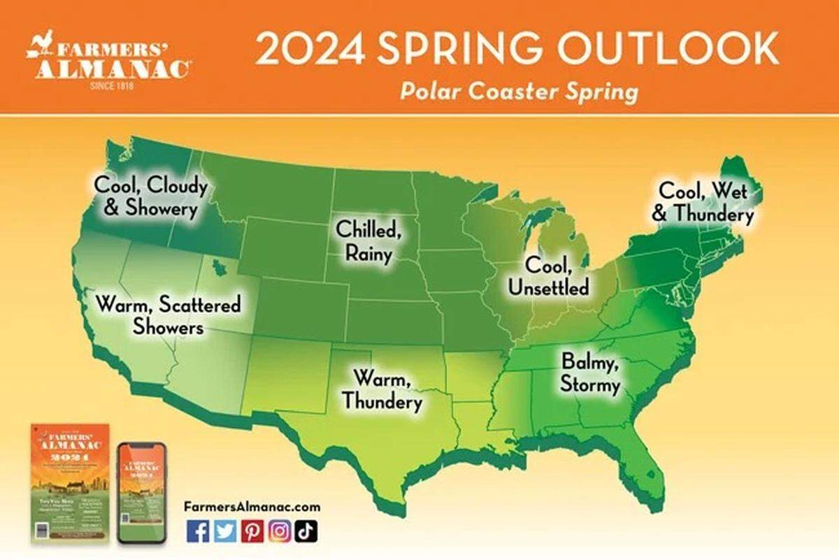 A map showing the spring weather outlook according to Farmer’s Almanac.