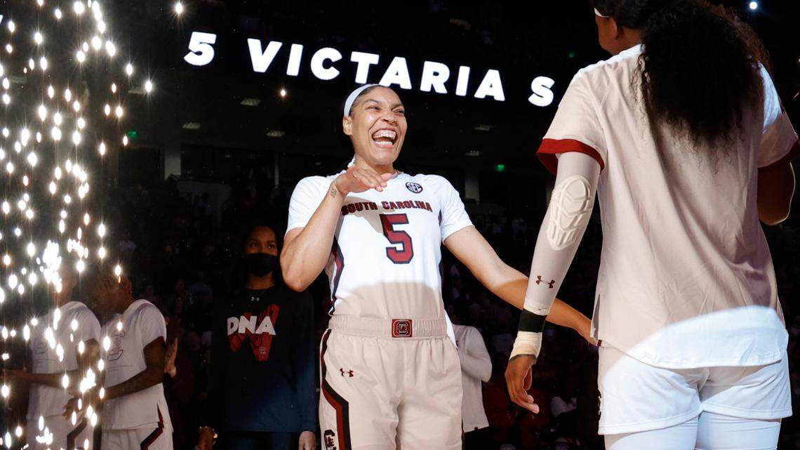 South Carolina’s Victaria Saxton (5) is introduced before The Gamecocks take on East Tennessee State in the Colonial Life Arena on Monday, Nov. 07, 2022.