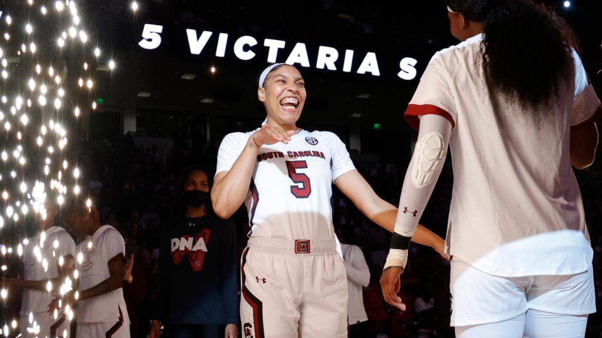South Carolina’s Victaria Saxton (5) is introduced before The Gamecocks take on East Tennessee State in the Colonial Life Arena on Monday, Nov. 07, 2022.