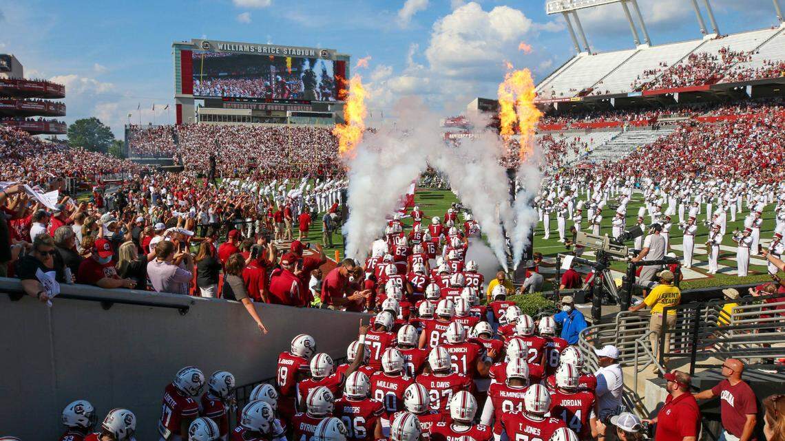 The Gamecocks enter the field to play Troy on Saturday, Oct. 2, 2021 at Williams-Brice Stadium.