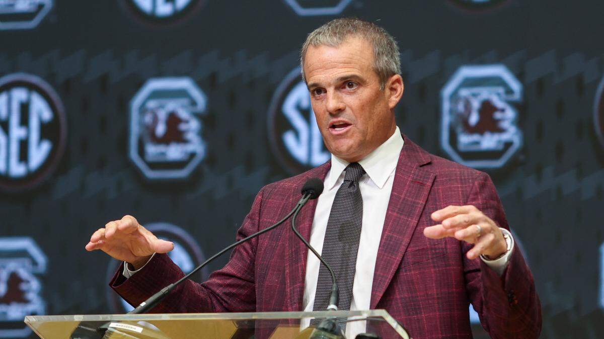 South Carolina Gamecocks head coach Shane Beamer talks to the media during SEC Media Day at Omni Atlanta Hotel.