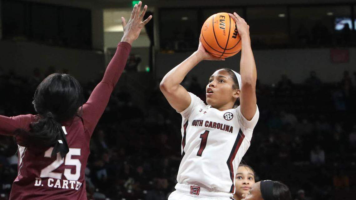 South Carolina’s Zia Cooke (1) shoots over Mississippi State’s Danae Carter (25) during the second half of action on Sunday, Jan. 2, 2022 in the Colonial Life Arena.