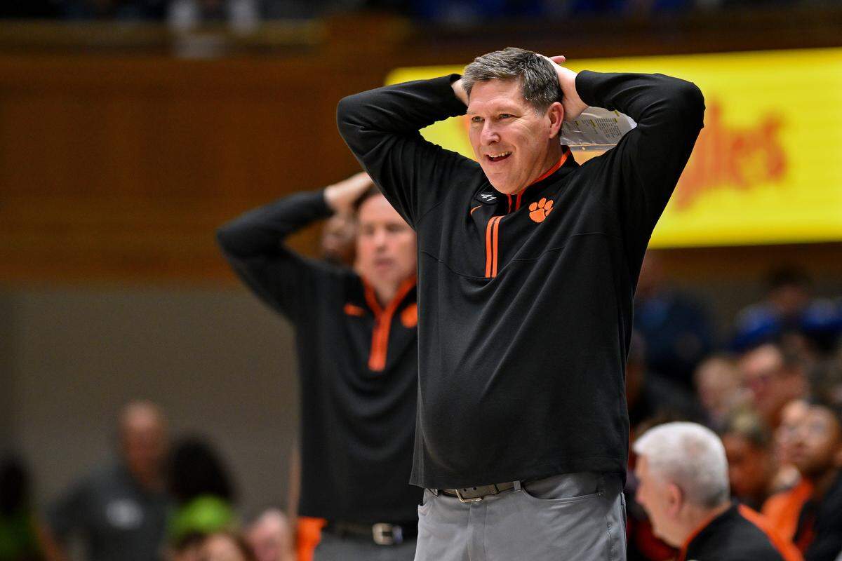 DURHAM, NORTH CAROLINA - FEBRUARY 14: Head coach Brad Brownell of the Clemson Tigers reacts during the second half of the game against the Duke Blue Devils at Cameron Indoor Stadium on February 14, 2026 in Durham, North Carolina.