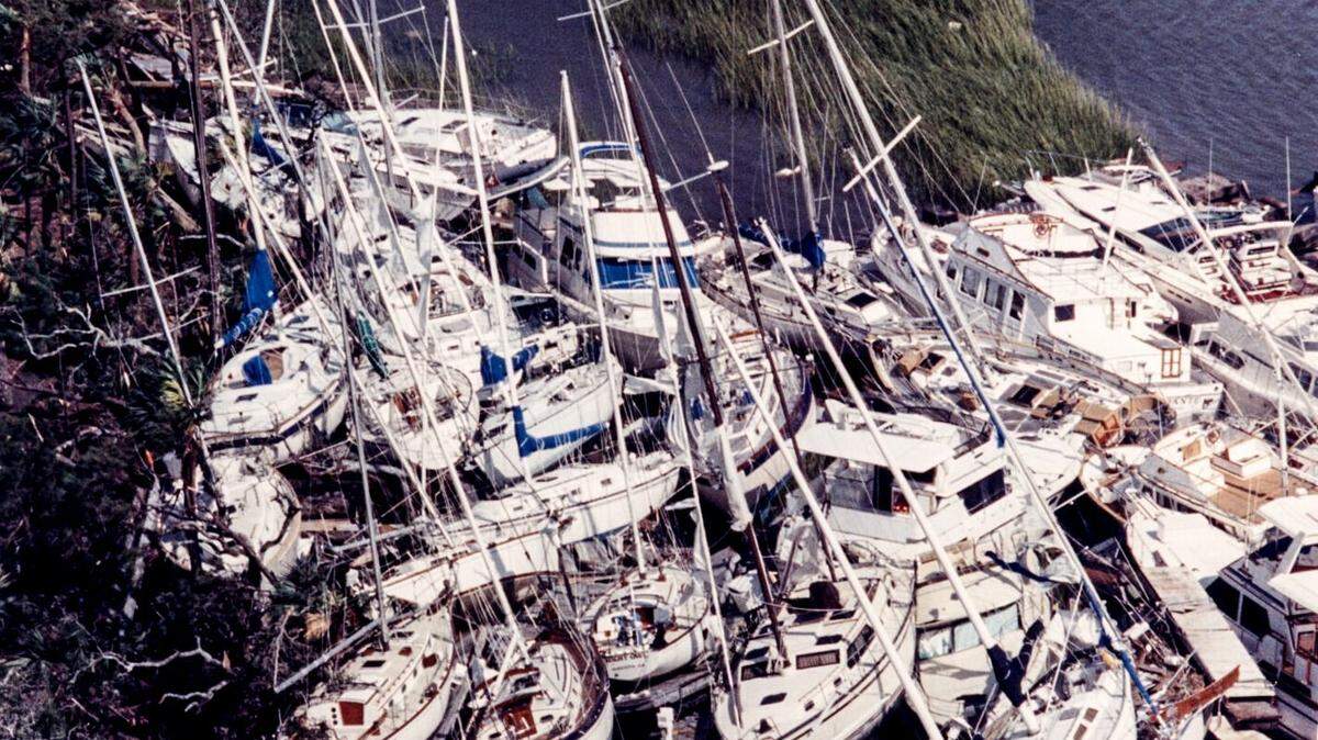 Pleasure boats are bunched along the shore of Isle of Palms after Hurricane Hugo wreaked havoc on the Isle of Palms in 1989.
