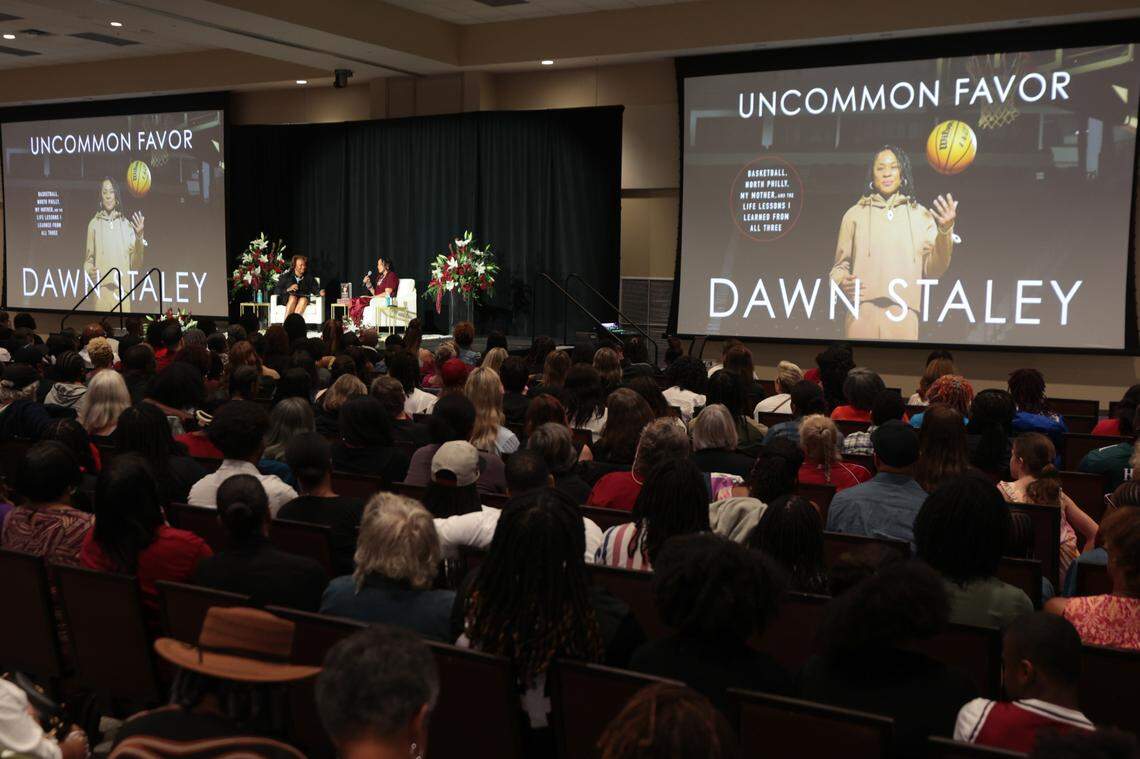 University of South Carolina Head Coach Dawn Staley talks about her book, Uncommon Favor, during a book tour stop in Columbia on Thursday, May 29, 2025, at the R2i2 Conference Center. Judge J. Michelle Childs, U.S. Court of Appeals for the District of Columbia, moderated the discussion.