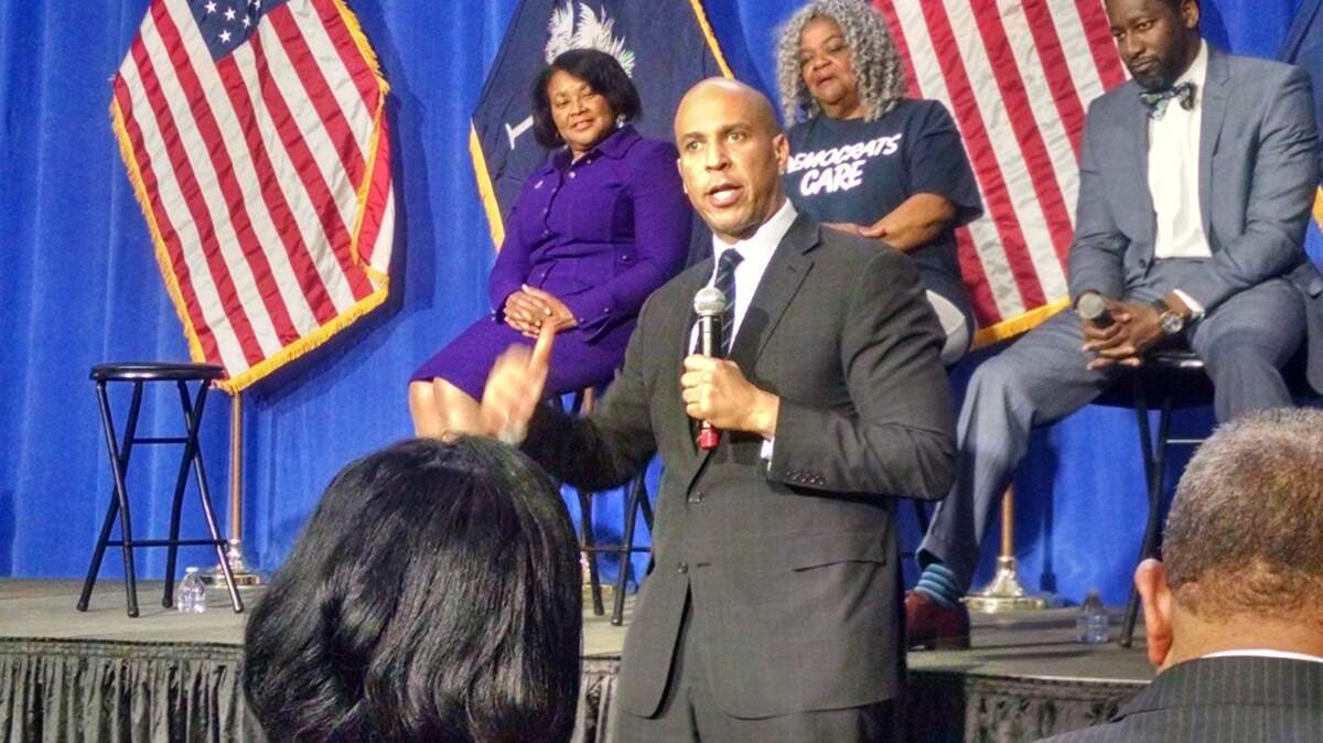 Sen. Cory Booker, D-N.J., spoke to a crowd at Fairfield Central High School in Winnsboro, SC, on Feb. 10, 2019