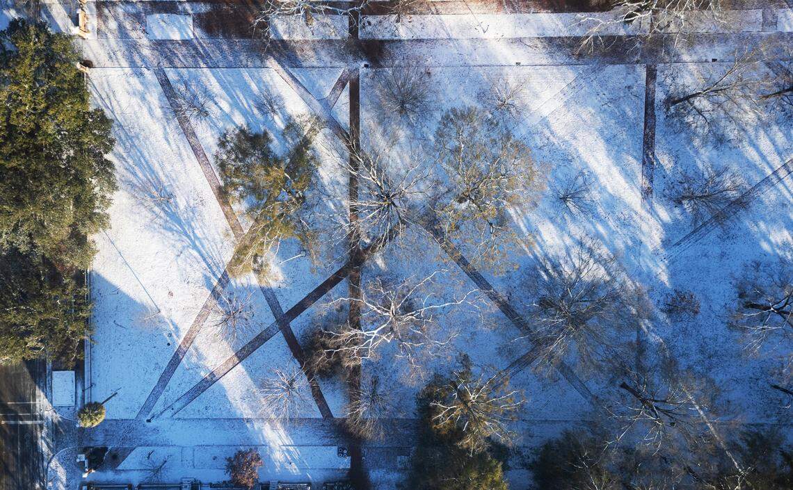 The University of South Carolina horseshoe in Columbia, South Carolina is covered in snow on Wednesday, January 22, 2025.