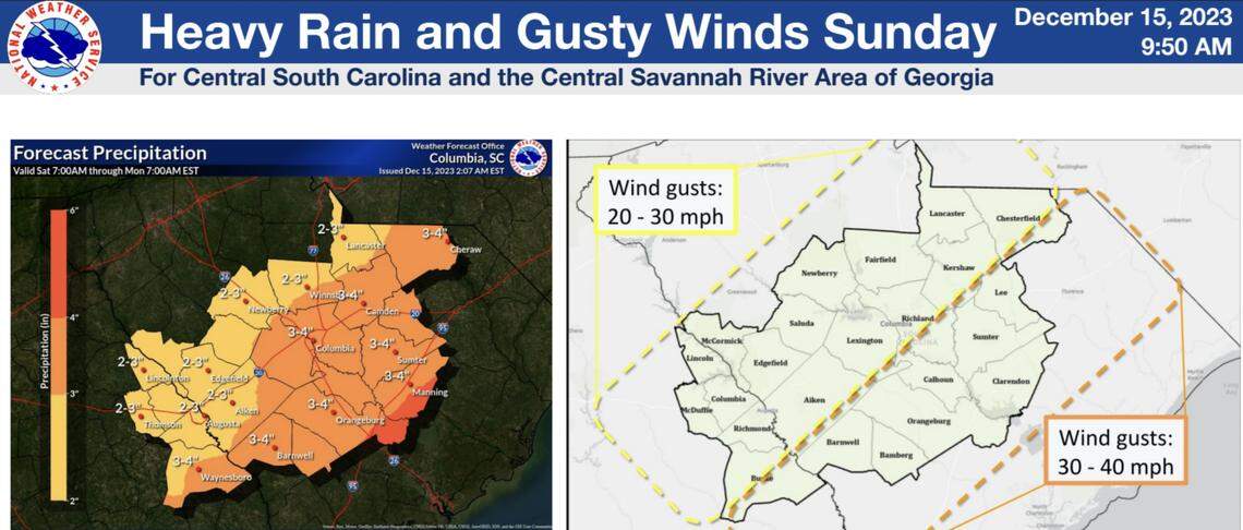 Maps showing potential rainfall and wind gusts for central South Carolina on Sunday.