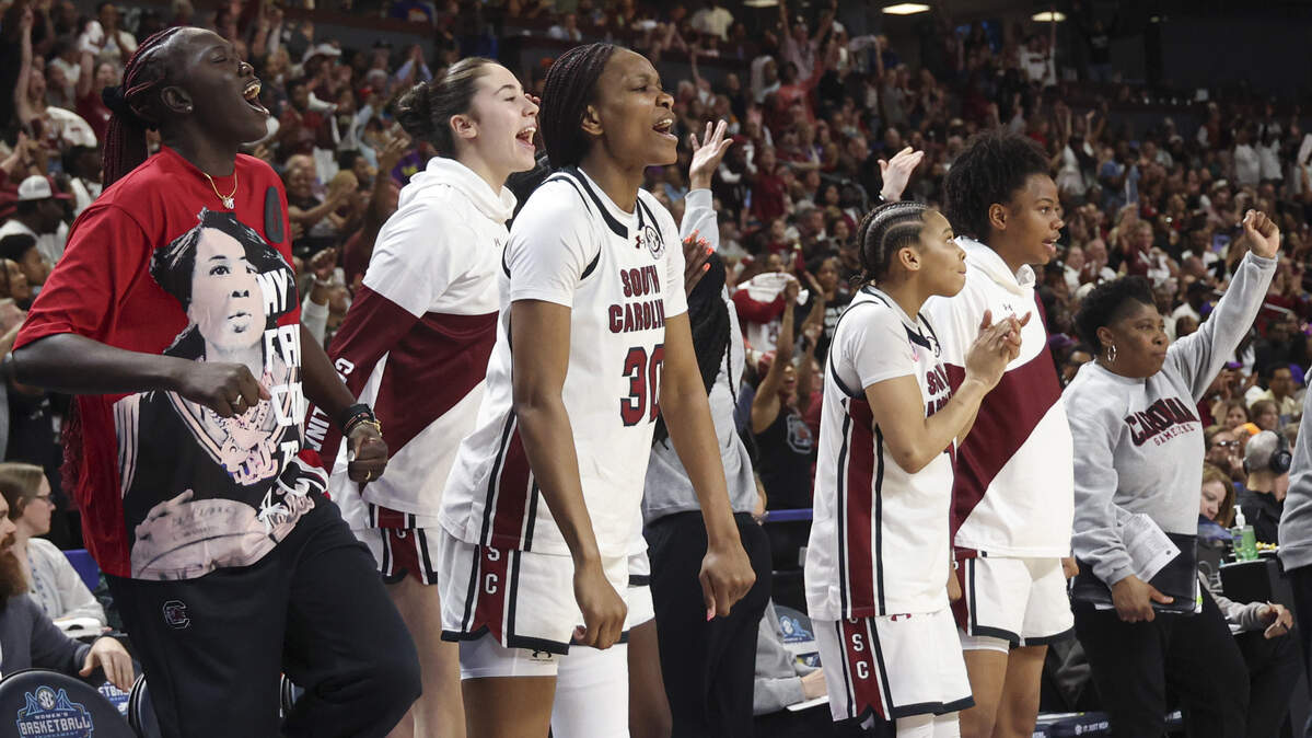 The Gamecocks celebrate as their game against LSU comes to a close in the SEC Tournament at the Bon Secours Wellness Arena on Saturday, March 7, 2026.