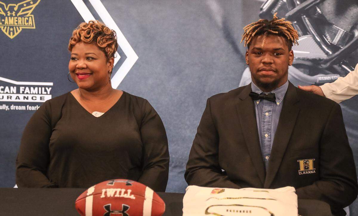 T.L. Hanna High Zacch Harris received the UnderArmour All-American jersey in a ceremony at the school. His mom, Felicia Harris, was by his side. 10/25/18