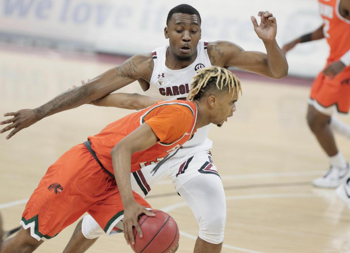 South Carolina Gamecocks guard Jermaine Couisnard (5) guards Florida A&M Rattlers guard MJ Randolph (3) at Colonial Life Arena on January, 2, 2021.