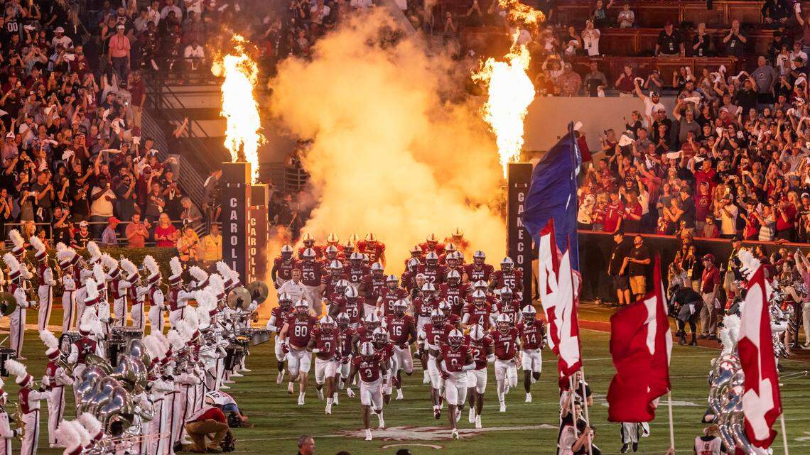 The South Carolina Gamecocks enter the field at Williams-Brice Stadium in Columbia, SC on Saturday, Sept. 24, 2022.