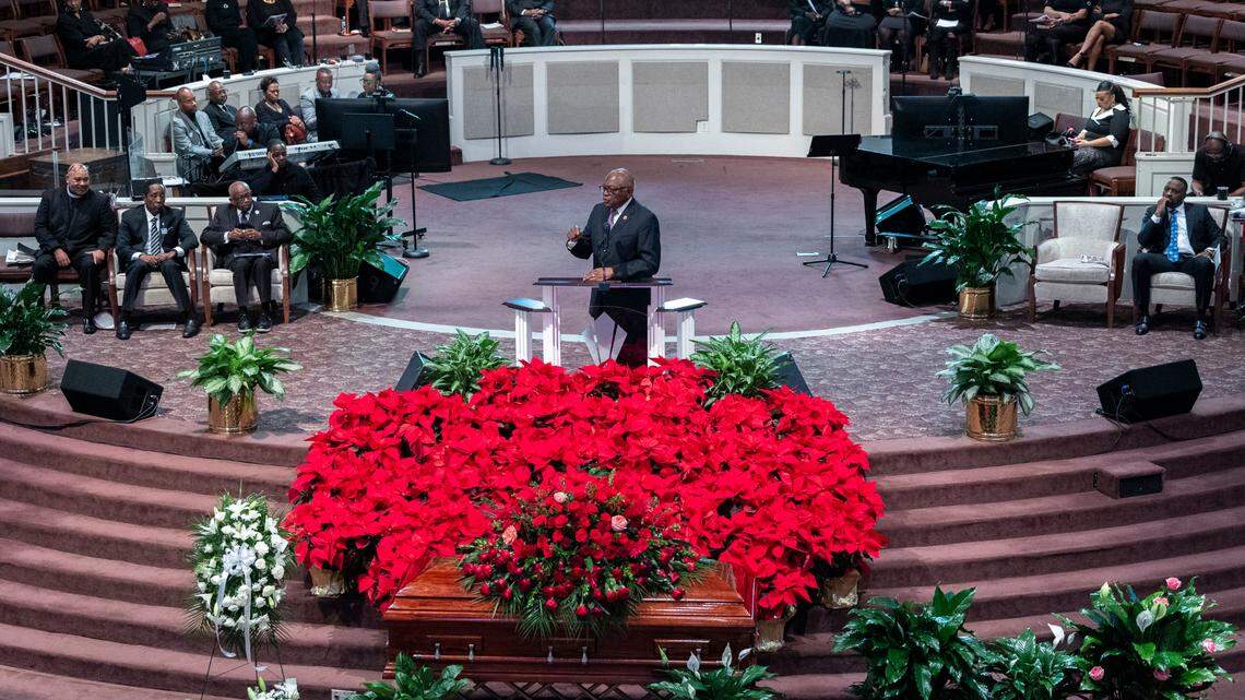 Congressman James E. Clyburn remembers his dear friend, state Sen. Kay Patterson, during his funeral service at Brookland Baptist Church on Friday, Dec. 20, 2024.