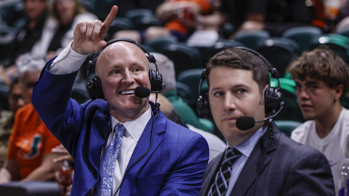 Terrence Oglesby, at left, is the color analyst for the basketball game between Boston College and the Miami Hurricanes at the University of Miami’s Watsco Center in Coral Gables, Florida, on Saturday, February 28, 2026. Oglesby, a former Clemson basketball player, is now an up-and-coming broadcaster for men's college basketball games.
