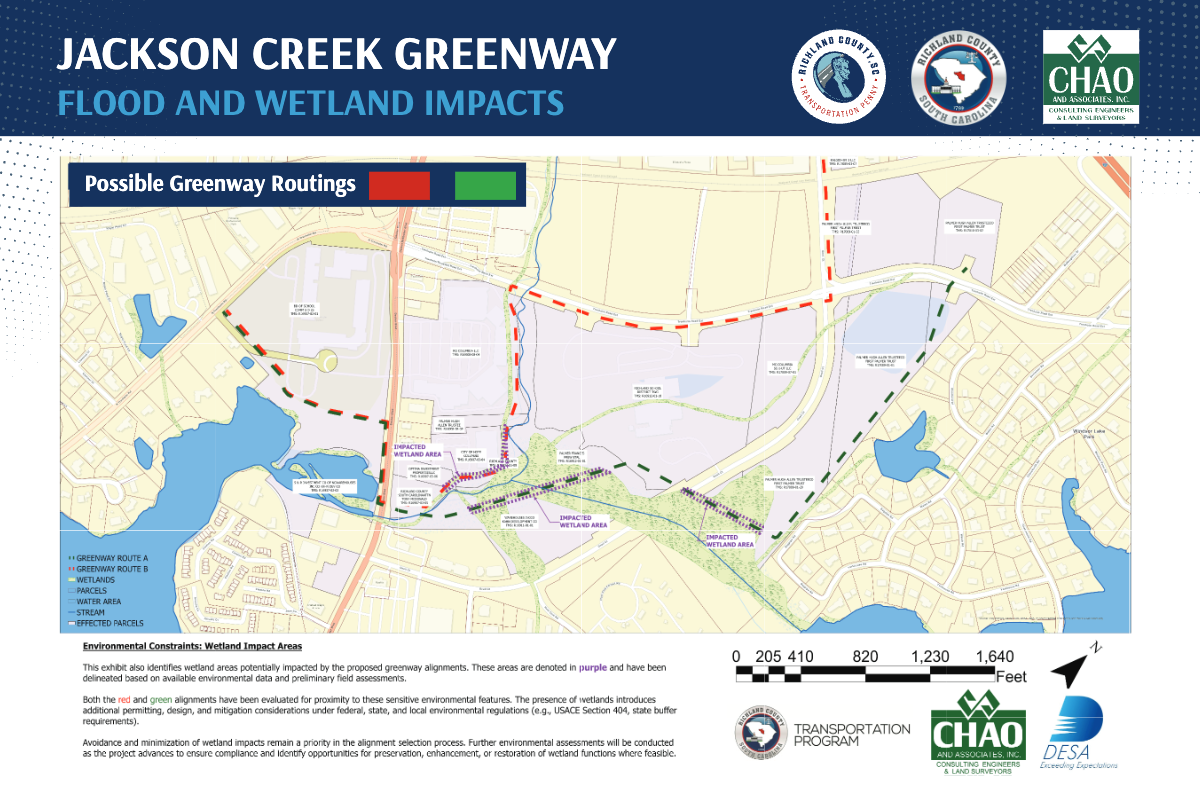 A map of the Richland County Transportation Penny’s possible routes for the Jackson Creek Greenway northeast of Columbia.