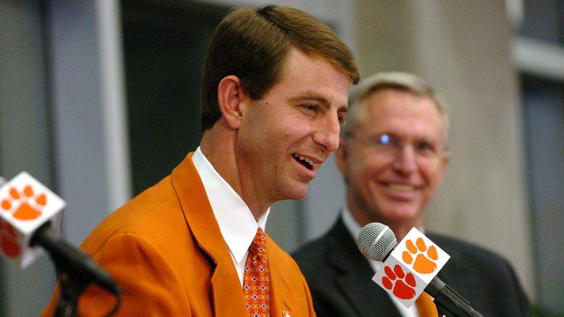 Dabo Swinney is announced as Clemson’s head football coach during a press conference at Memorial Stadium in Clemson Monday, December 1, 2008. Behind Swinney is AD Terry Don Phillips. Clemson Coach Dabo Swinney