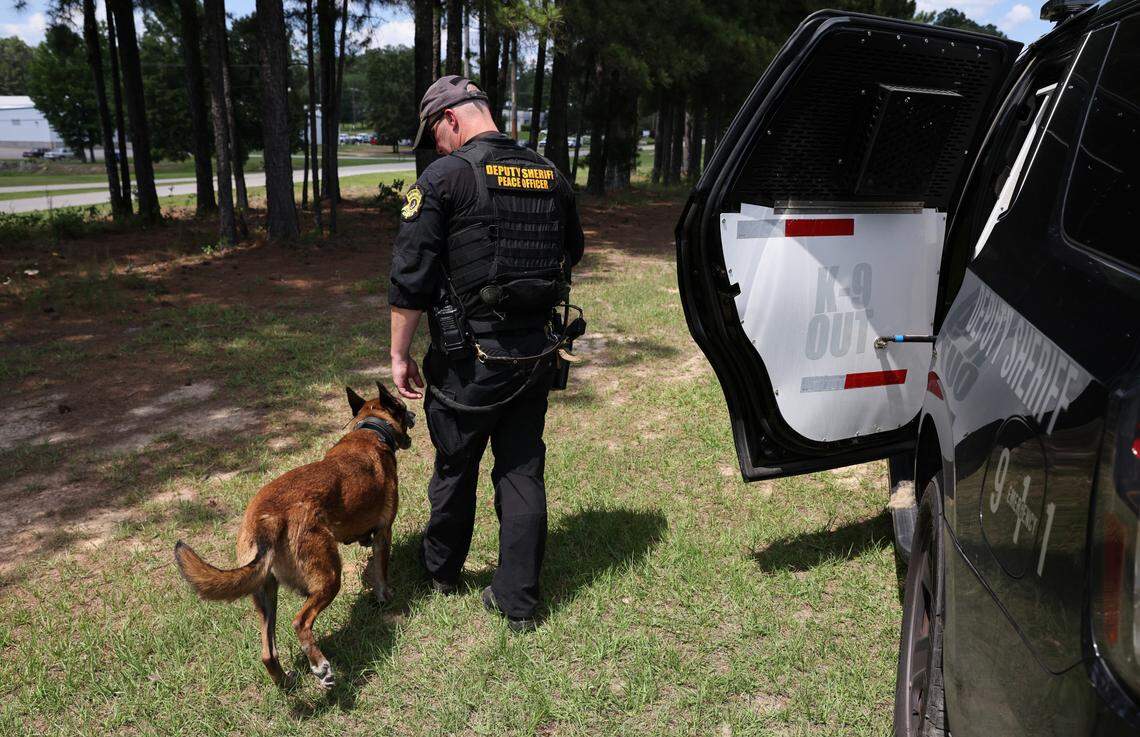 Sgt. Josh Newsom of the Richland County Sheriff’s Department works with his dog Bali during a K-9 training demonstration at the South Carolina Criminal Justice Academy in Columbia on Wednesday, May 22, 2024.