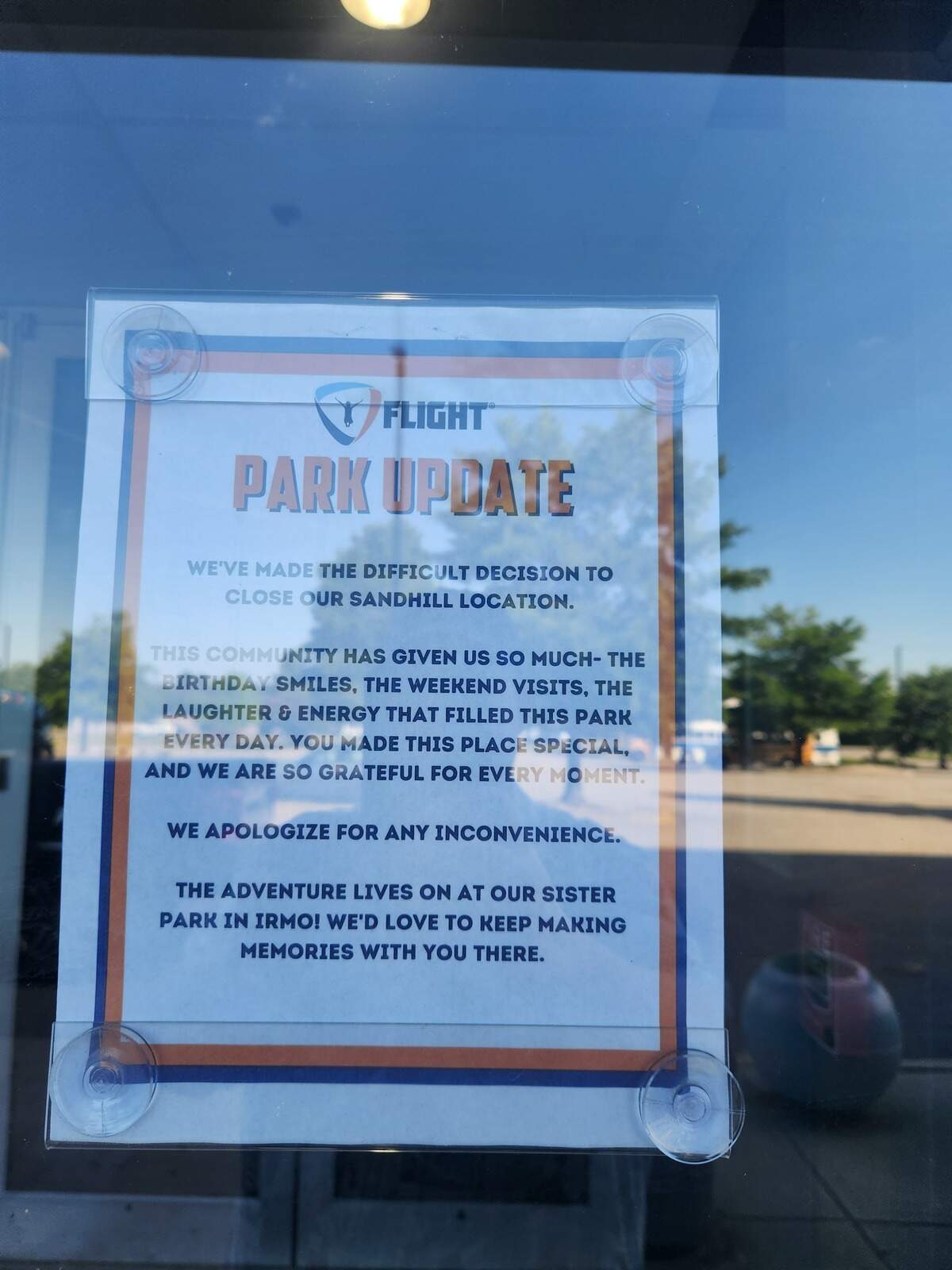 A note on the door of the Flight Adventure Park at 741 Fashion Drive in the Sandhill area of northeast Columbia announces the facility is closed.