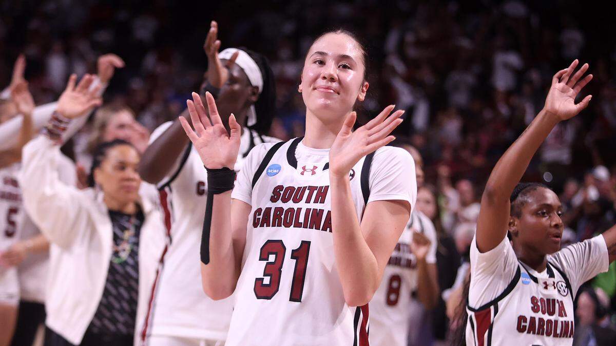 South Carolina's Alicia Tournebize after the Gamecocks' NCAA Tournament Sweet 16 win over Southern Cal on Monday at Colonial Life Arena.