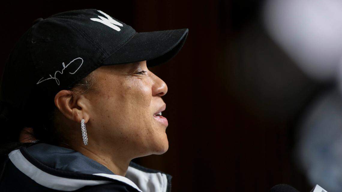 University of South Carolina Head Coach Dawn Staley speaks during a press conference before the National Championship game at the Target Center in Minneapolis, Minn. on Saturday, April 2, 2022.